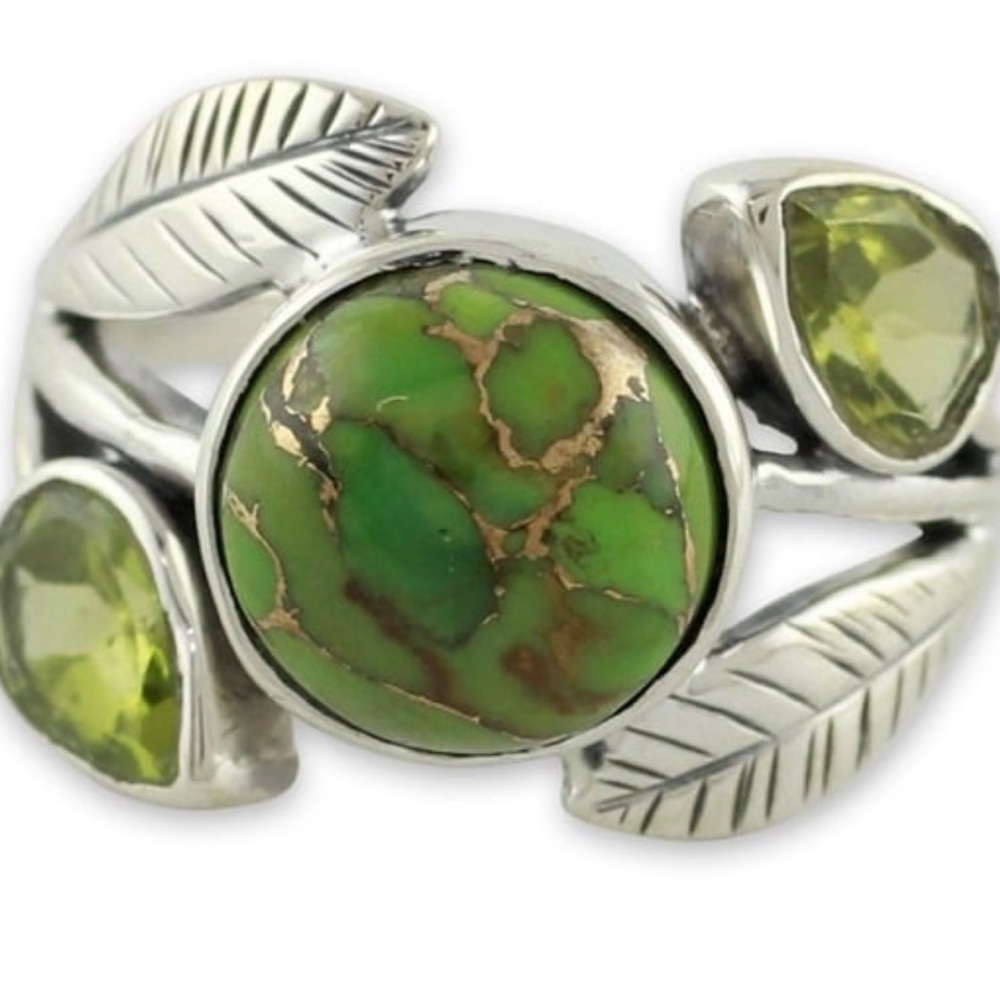 Novice Handmade Sterling Silver Green Ivy Turquoise Peridot Cocktail Ring.